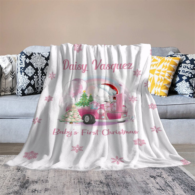 Aperturee - Custom Name Snowflake Pink First Christmas Blanket
