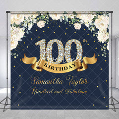 Aperturee - Custom Navy Blue Pink Floral 100th Birthday Backdrop
