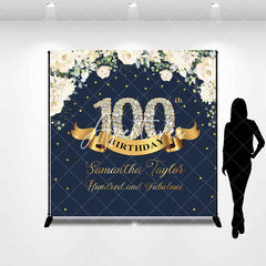 Aperturee - Custom Navy Blue Pink Floral 100th Birthday Backdrop