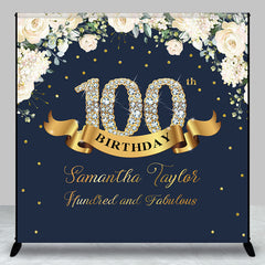 Aperturee - Custom Navy Blue Pink Floral 100th Birthday Backdrop