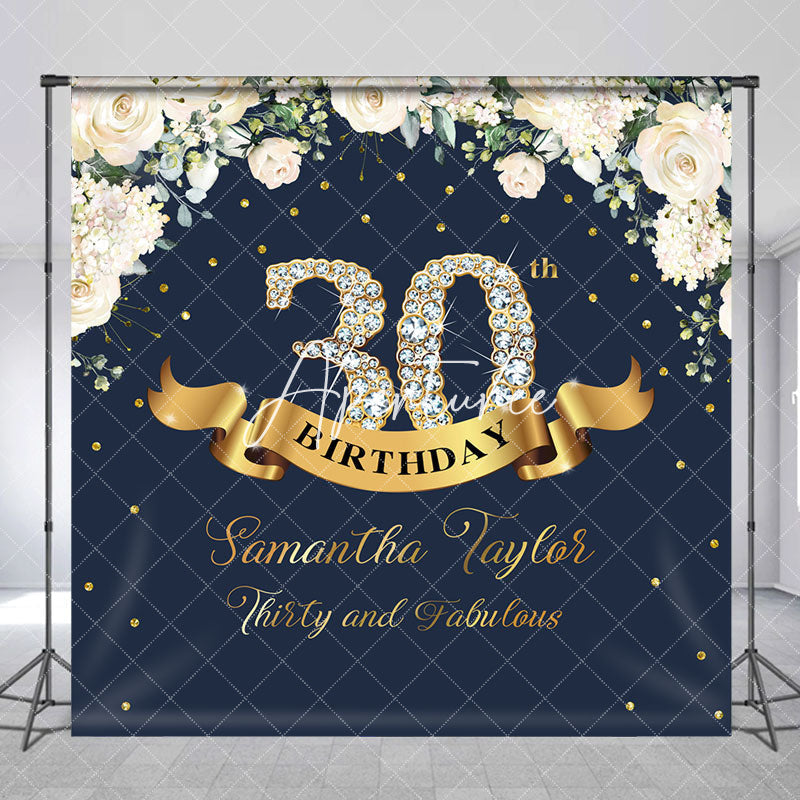 Aperturee - Custom Navy Blue Pink Floral 30th Birthday Backdrop
