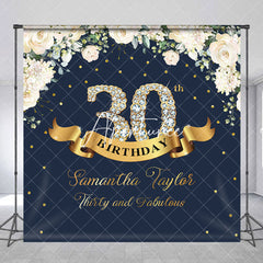 Aperturee - Custom Navy Blue Pink Floral 30th Birthday Backdrop