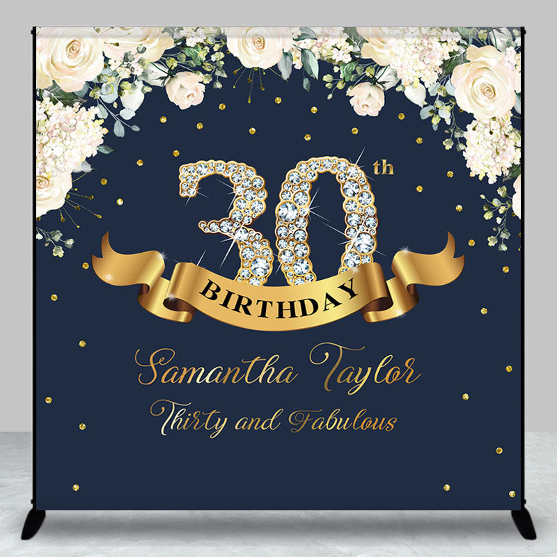 Aperturee - Custom Navy Blue Pink Floral 30th Birthday Backdrop