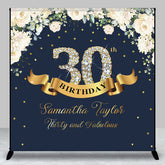 Aperturee - Custom Navy Blue Pink Floral 30th Birthday Backdrop