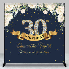 Aperturee - Custom Navy Blue Pink Floral 30th Birthday Backdrop