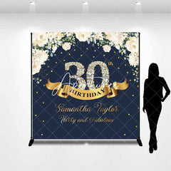 Aperturee - Custom Navy Blue Pink Floral 30th Birthday Backdrop