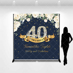 Aperturee - Custom Navy Blue Pink Floral 40th Birthday Backdrop