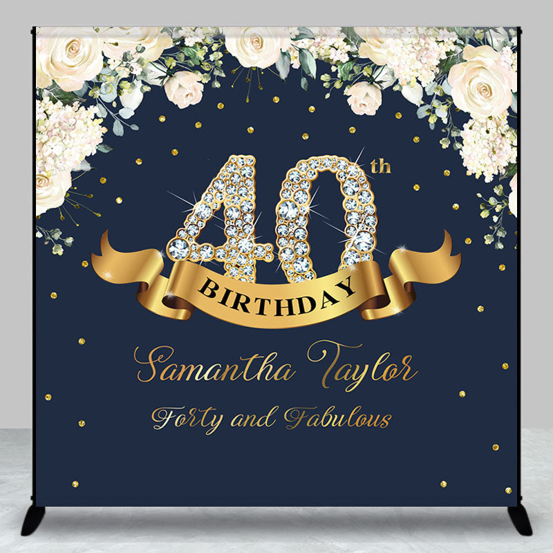 Aperturee - Custom Navy Blue Pink Floral 40th Birthday Backdrop