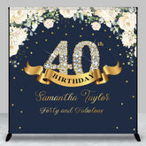 Aperturee - Custom Navy Blue Pink Floral 40th Birthday Backdrop