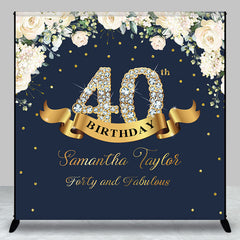 Aperturee - Custom Navy Blue Pink Floral 40th Birthday Backdrop
