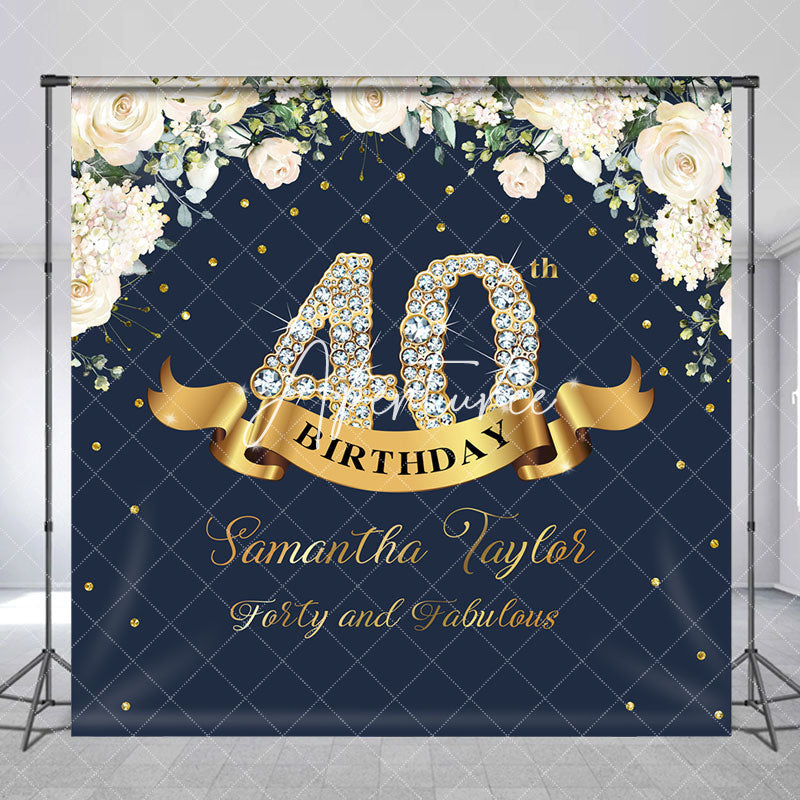 Aperturee - Custom Navy Blue Pink Floral 40th Birthday Backdrop