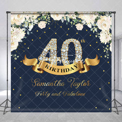 Aperturee - Custom Navy Blue Pink Floral 40th Birthday Backdrop