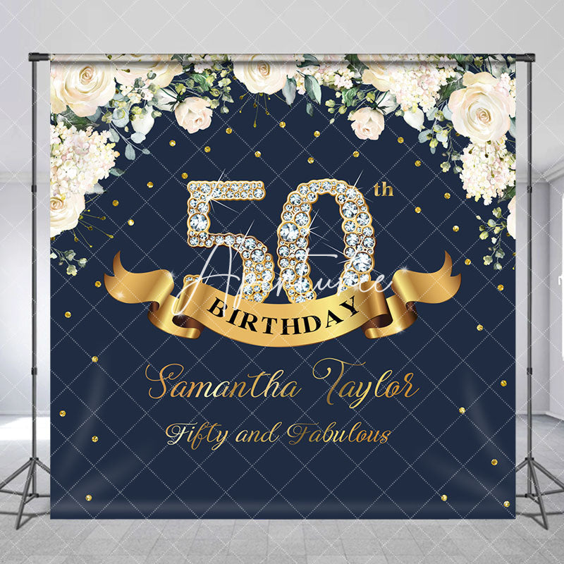 Aperturee - Custom Navy Blue Pink Floral 50th Birthday Backdrop