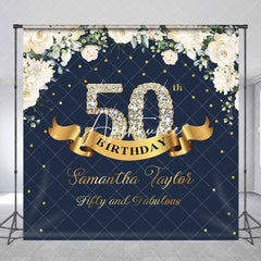 Aperturee - Custom Navy Blue Pink Floral 50th Birthday Backdrop