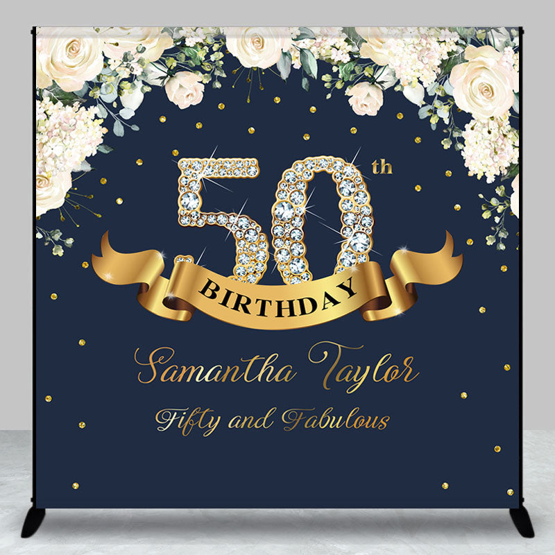 Aperturee - Custom Navy Blue Pink Floral 50th Birthday Backdrop