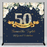 Aperturee - Custom Navy Blue Pink Floral 50th Birthday Backdrop