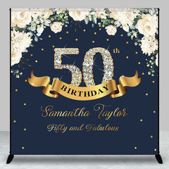 Aperturee - Custom Navy Blue Pink Floral 50th Birthday Backdrop