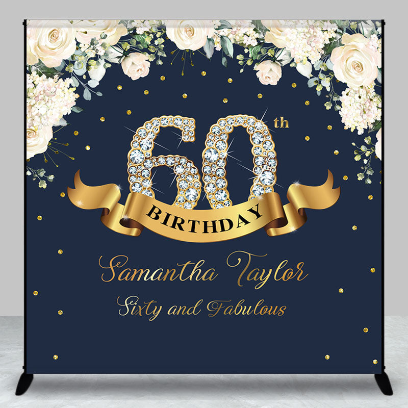 Aperturee - Custom Navy Blue Pink Floral 60th Birthday Backdrop