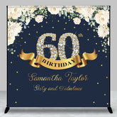Aperturee - Custom Navy Blue Pink Floral 60th Birthday Backdrop