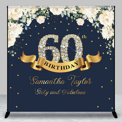 Aperturee - Custom Navy Blue Pink Floral 60th Birthday Backdrop