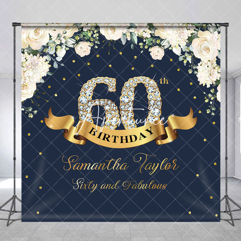 Aperturee - Custom Navy Blue Pink Floral 60th Birthday Backdrop