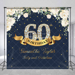 Aperturee - Custom Navy Blue Pink Floral 60th Birthday Backdrop
