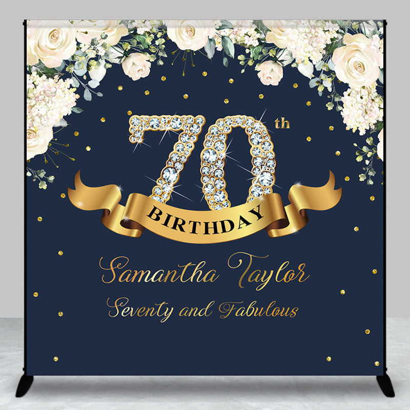 Aperturee - Custom Navy Blue Pink Floral 70th Birthday Backdrop