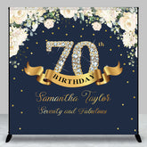 Aperturee - Custom Navy Blue Pink Floral 70th Birthday Backdrop