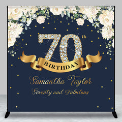 Aperturee - Custom Navy Blue Pink Floral 70th Birthday Backdrop