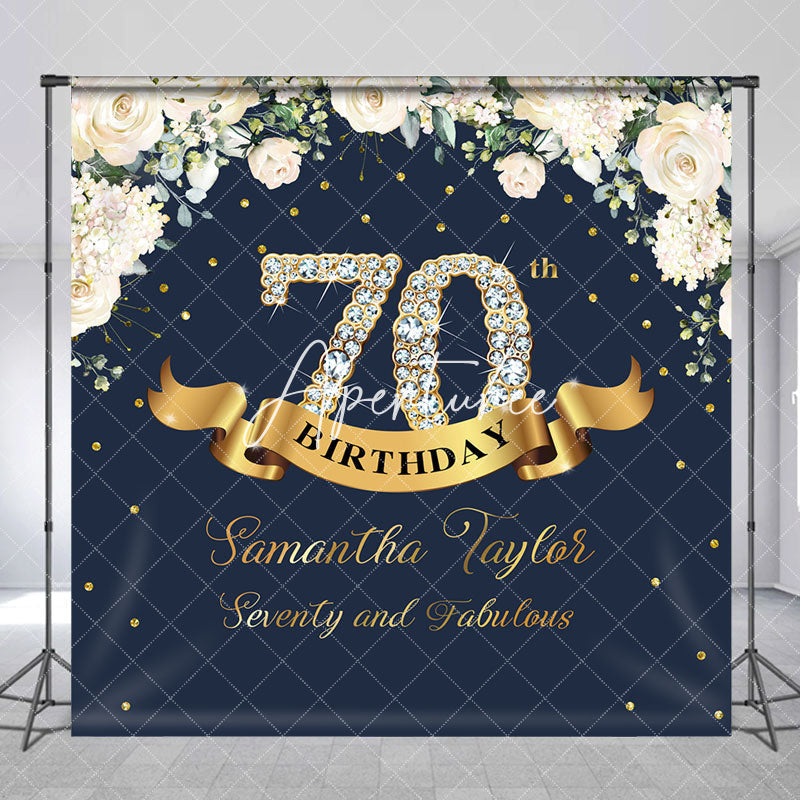 Aperturee - Custom Navy Blue Pink Floral 70th Birthday Backdrop