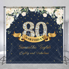 Aperturee - Custom Navy Blue Pink Floral 80th Birthday Backdrop