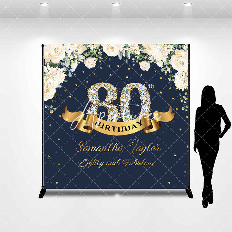 Aperturee - Custom Navy Blue Pink Floral 80th Birthday Backdrop