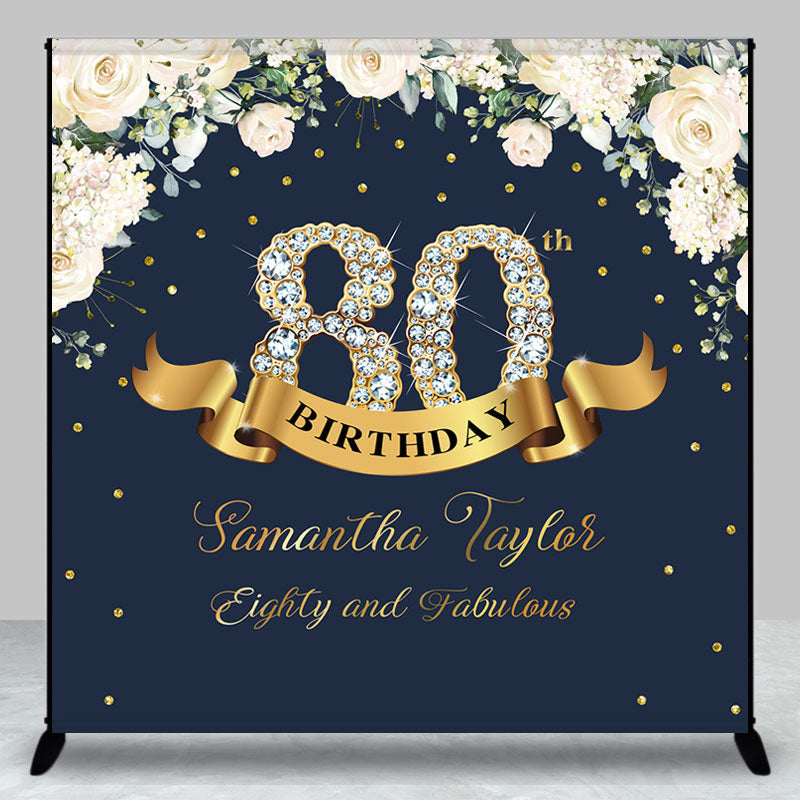 Aperturee - Custom Navy Blue Pink Floral 80th Birthday Backdrop