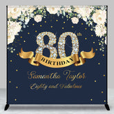 Aperturee - Custom Navy Blue Pink Floral 80th Birthday Backdrop