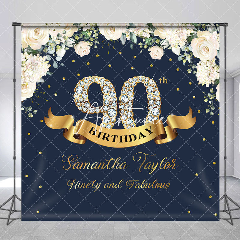 Aperturee - Custom Navy Blue Pink Floral 90th Birthday Backdrop