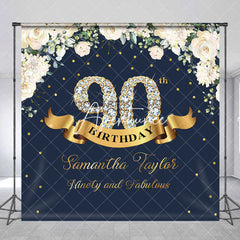 Aperturee - Custom Navy Blue Pink Floral 90th Birthday Backdrop