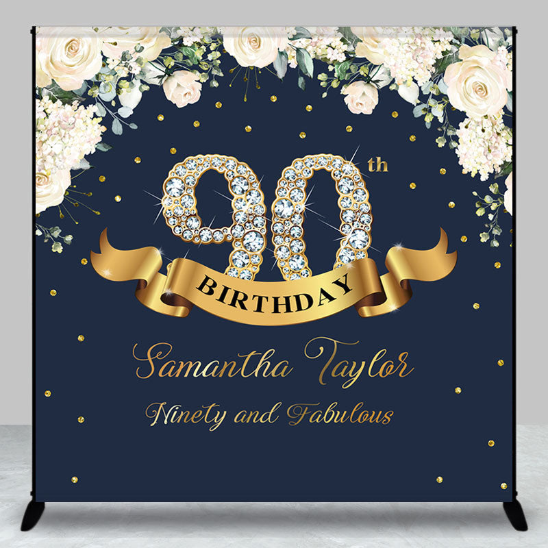 Aperturee - Custom Navy Blue Pink Floral 90th Birthday Backdrop