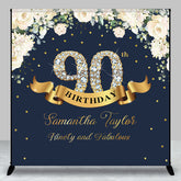 Aperturee - Custom Navy Blue Pink Floral 90th Birthday Backdrop