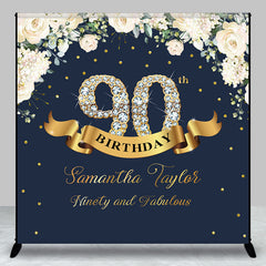 Aperturee - Custom Navy Blue Pink Floral 90th Birthday Backdrop