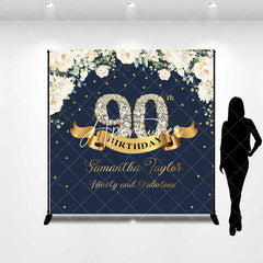 Aperturee - Custom Navy Blue Pink Floral 90th Birthday Backdrop