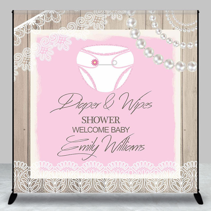 Aperturee - Custom Pearls Wood Pink Diaper Wipes Shower Backdrop