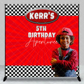 Aperturee - Custom Photo Name Red Stripe Plaid Birthday Backdrop