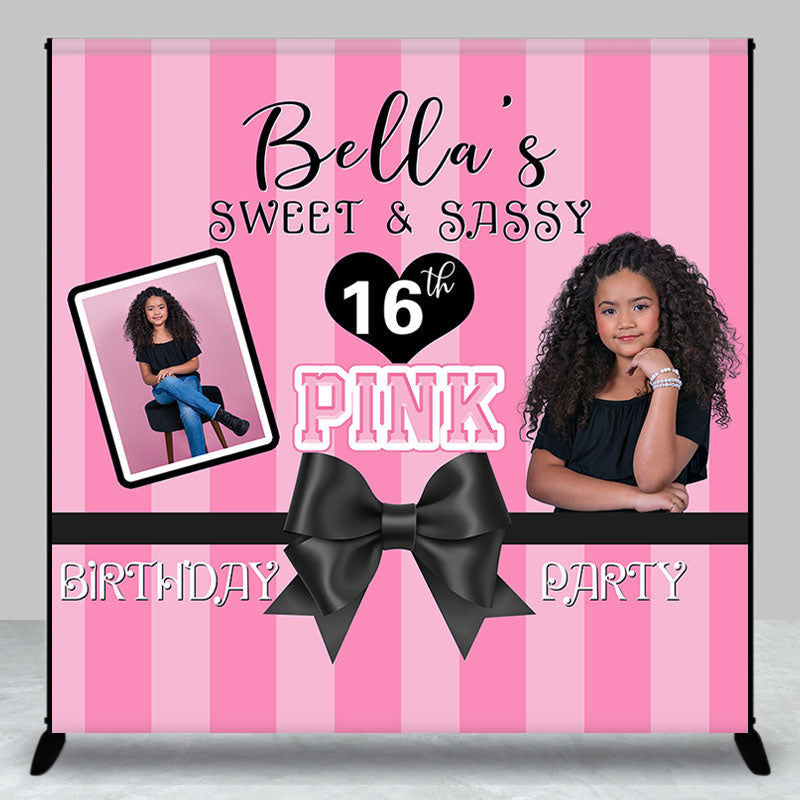 Aperturee - Custom Photo Pink Stripes Sweet 16 Birthday Backdrop