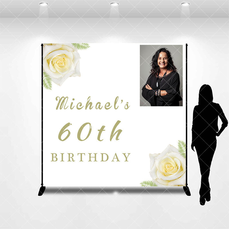 Aperturee - Custom Photo White Rose Leaf 60th Birthday Backdrop