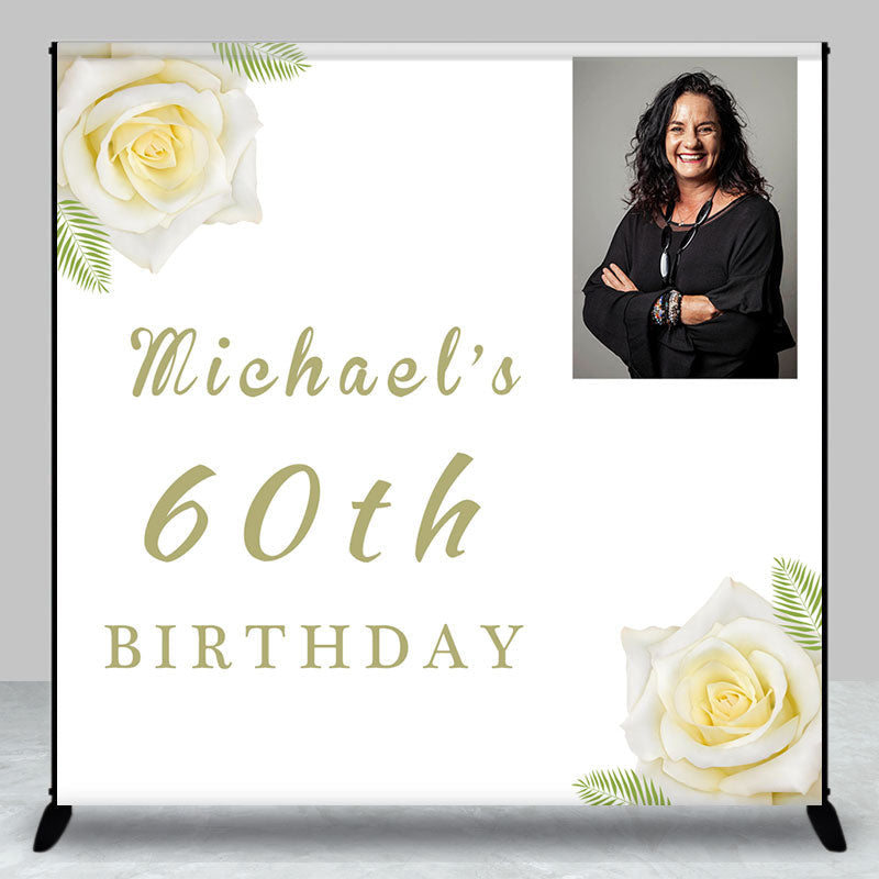 Aperturee - Custom Photo White Rose Leaf 60th Birthday Backdrop