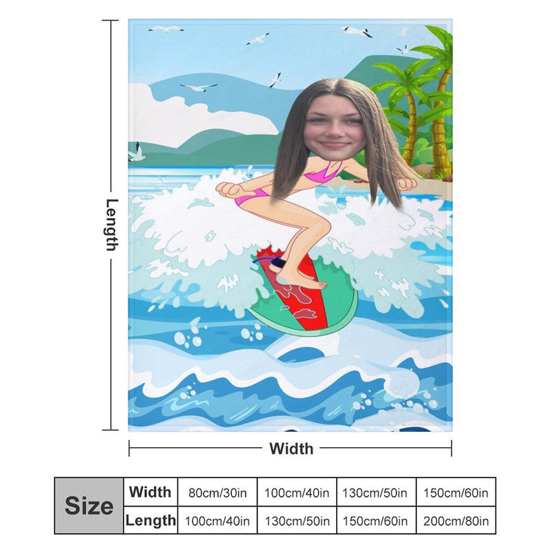 Aperturee - Customized Surfing Girl Coastal Beach Palm Blanket
