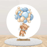 Aperturee - Cute Bear Beige Blue Balloon Round Birthday Backdrop