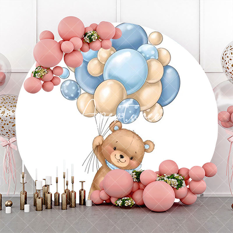 Aperturee - Cute Bear Beige Blue Balloon Round Birthday Backdrop