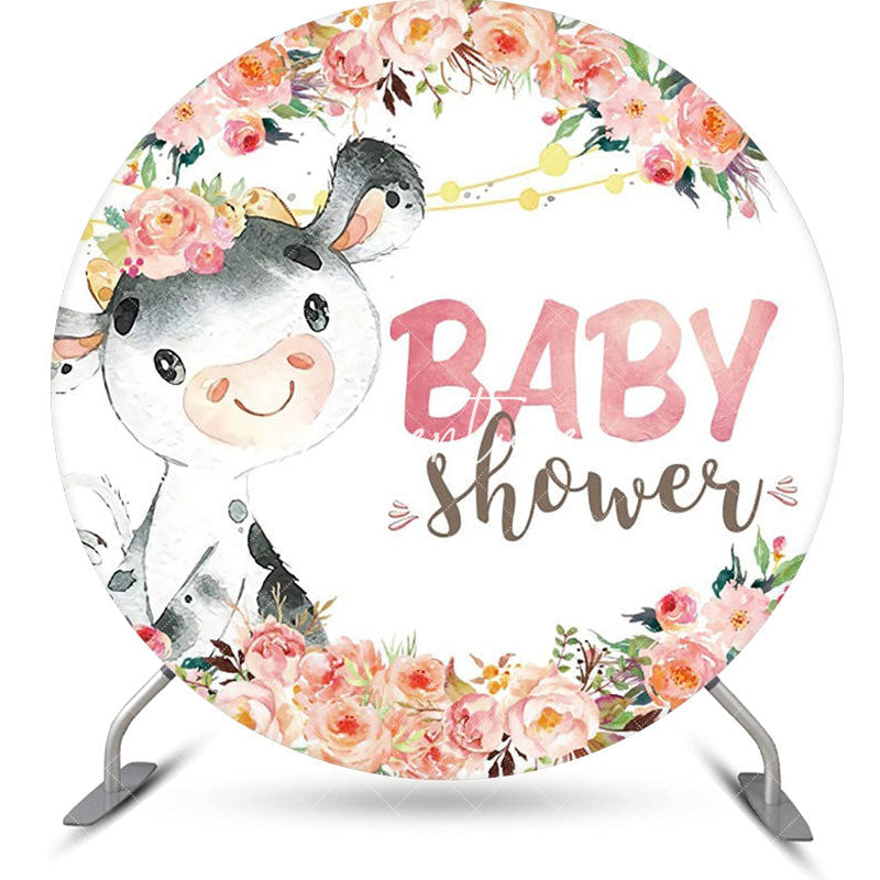 Aperturee - Cute Dairy Cow Flowers Circle Baby Shower Backdrop