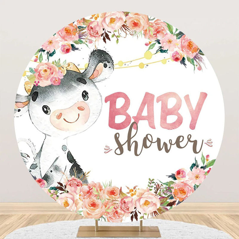Aperturee - Cute Dairy Cow Flowers Circle Baby Shower Backdrop